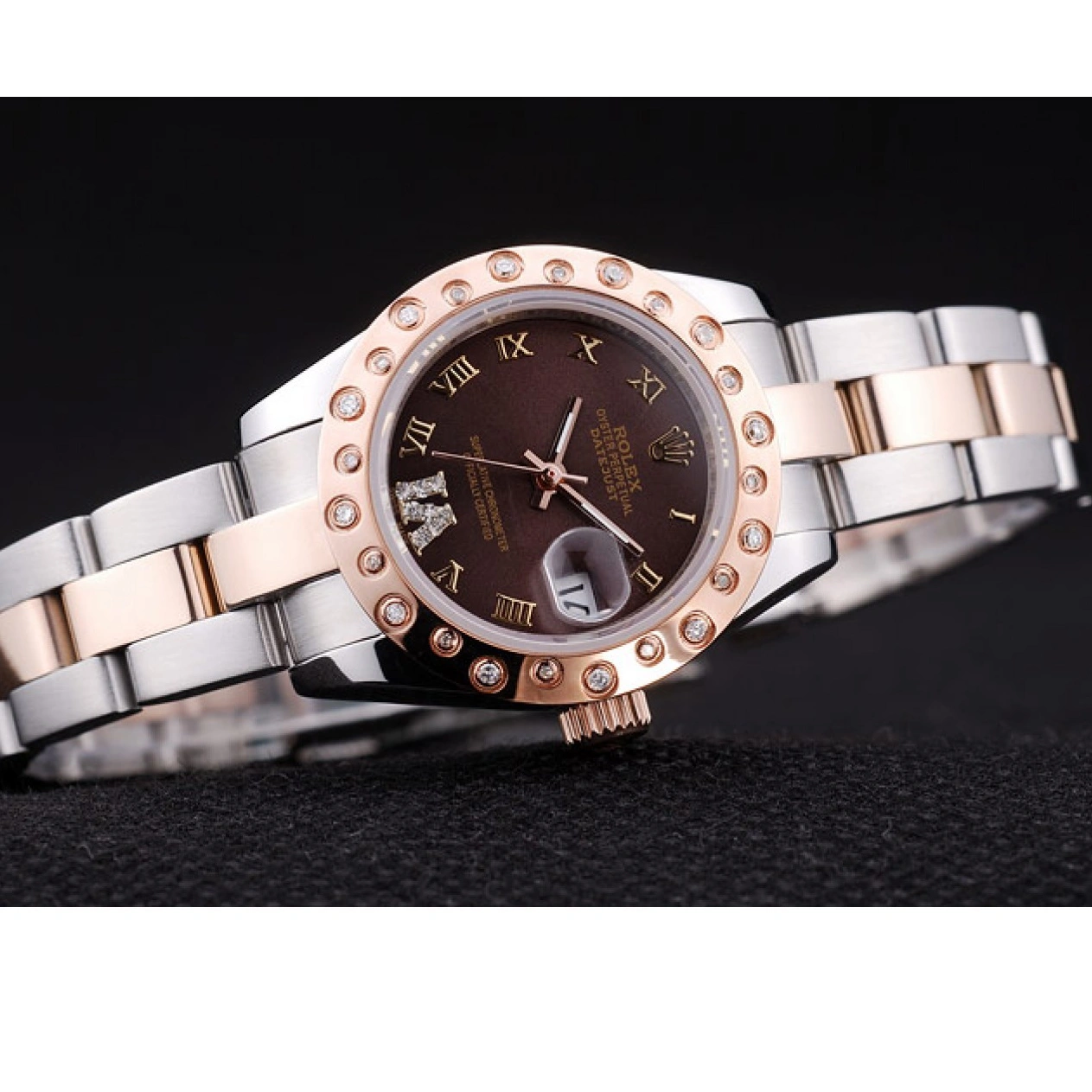 Best AAA Replica Sites Rose Brown Diamonds Bezel Gold Polished Dial Datejust 7475 Rolex 1015